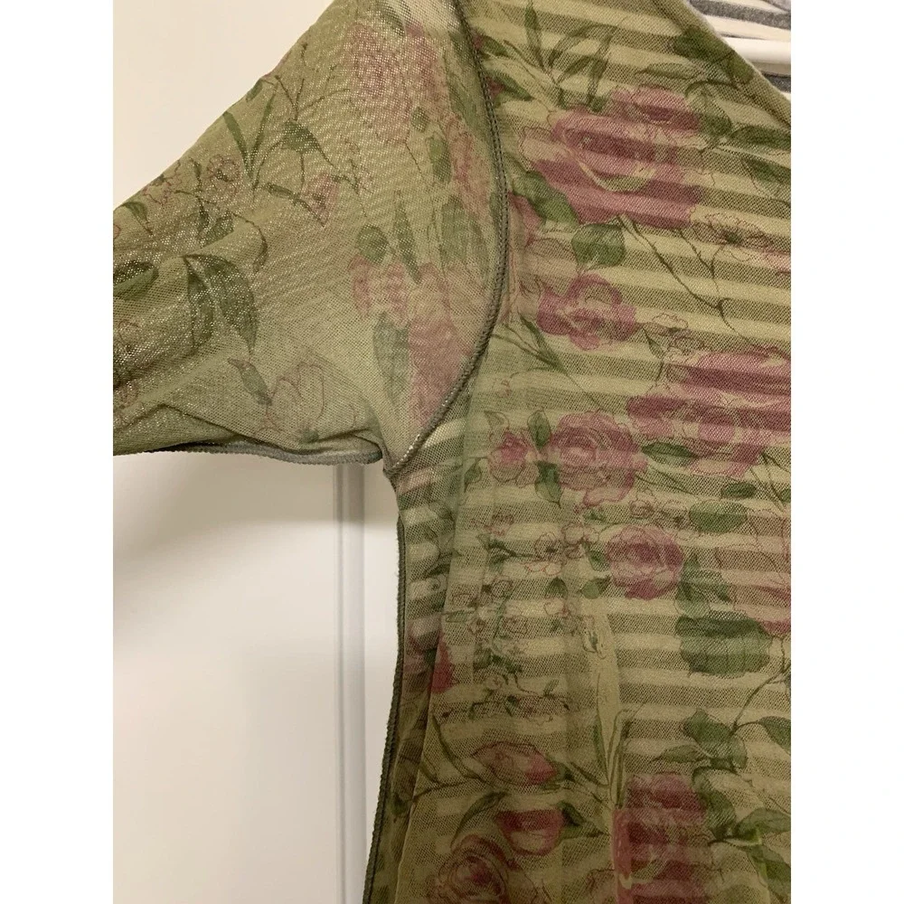 Madison & Lola Mesh Tunic Top Womens Medium Green Floral Striped Whimsigoth Boho - Picture 3 of 8